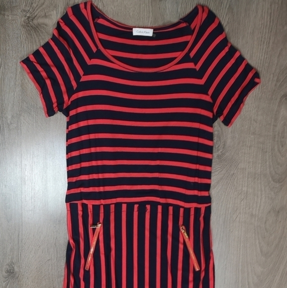 90s vintage Calvin Klein dropped waist midi length striped jersey dress - Picture 1 of 5